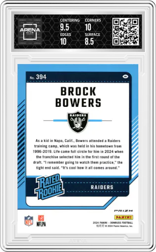 Brock Bowers from the 2024 Donruss set featuring a Red and Green parallel graded by Arena Club and given an overall grade of 9.