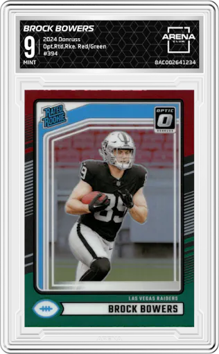 Brock Bowers from the 2024 Donruss set featuring a Red and Green parallel graded by Arena Club and given an overall grade of 9.