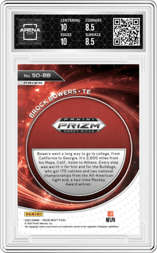 Brock Bowers from the 2024 Panini Prizm Draft Picks set featuring a Green parallel graded by Arena Club and given an overall grade of 9.
