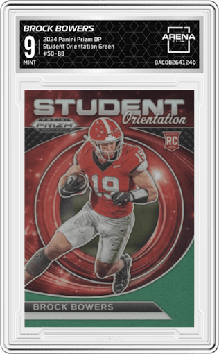 Brock Bowers from the 2024 Panini Prizm Draft Picks set featuring a Green parallel graded by Arena Club and given an overall grade of 9.