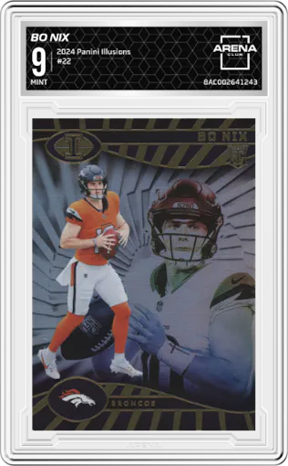 Bo Nix from the 2024 Panini Illusions set graded by Arena Club and given an overall grade of 9.