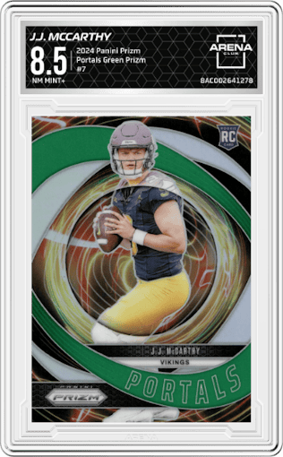 J.J. McCarthy from the 2024 Panini Prizm set featuring a Green Prizm parallel graded by Arena Club and given an overall grade of 8.5.