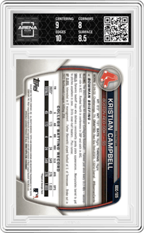 Kristian Campbell from the 2023 Bowman Draft set featuring a Refractor parallel graded by Arena Club and given an overall grade of 8.5.