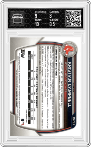 Kristian Campbell from the 2023 Bowman Draft set featuring a Refractor parallel graded by Arena Club and given an overall grade of 8.5.