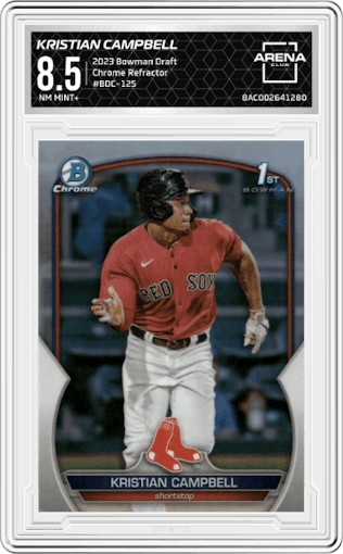 Kristian Campbell from the 2023 Bowman Draft set featuring a Refractor parallel graded by Arena Club and given an overall grade of 8.5.