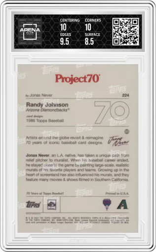 Randy Johnson from the 2021-22 Topps Project70 set graded by Arena Club and given an overall grade of 9.