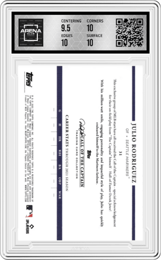 Julio Rodriguez from the 2022 Topps X Derek Jeter Call of the Captain set graded by Arena Club and given an overall grade of 10.