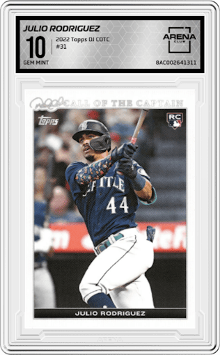 Julio Rodriguez from the 2022 Topps X Derek Jeter Call of the Captain set graded by Arena Club and given an overall grade of 10.