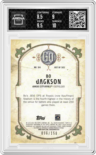 Bo Jackson from the 2022 Topps Gypsy Queen set featuring a Blue parallel graded by Arena Club and given an overall grade of 9.