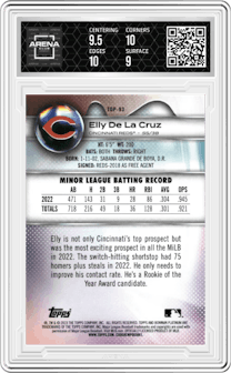 Elly De La Cruz from the 2023 Bowman Platinum set graded by Arena Club and given an overall grade of 9.5.