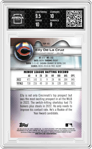 Elly De La Cruz from the 2023 Bowman Platinum set graded by Arena Club and given an overall grade of 9.5.