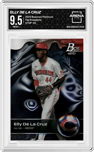 Elly De La Cruz from the 2023 Bowman Platinum set graded by Arena Club and given an overall grade of 9.5.