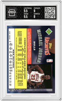 Michael Jordan from the 1992-93 Topps Archives set graded by Arena Club and given an overall grade of 8.5.