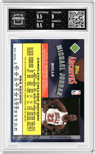 Michael Jordan from the 1992-93 Topps Archives set graded by Arena Club and given an overall grade of 8.5.