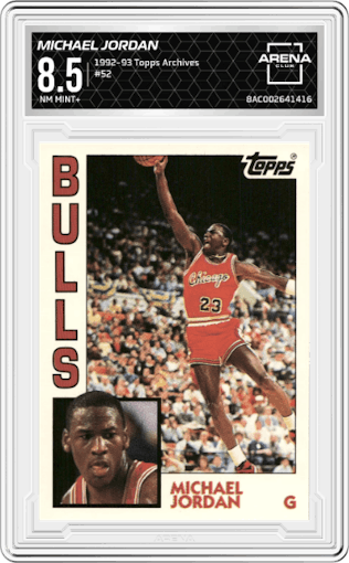Michael Jordan from the 1992-93 Topps Archives set graded by Arena Club and given an overall grade of 8.5.