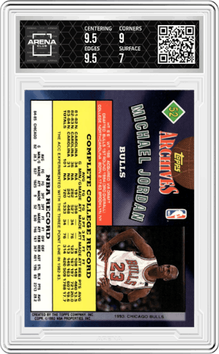 Michael Jordan from the 1992-93 Topps Archives set graded by Arena Club and given an overall grade of 7.5.