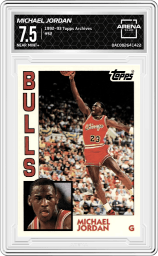 Michael Jordan from the 1992-93 Topps Archives set graded by Arena Club and given an overall grade of 7.5.