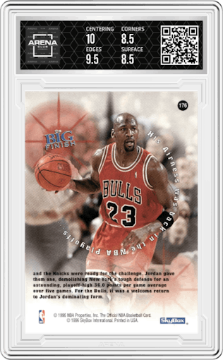 Michael Jordan from the 1996-97 NBA Hoops set graded by Arena Club and given an overall grade of 9.
