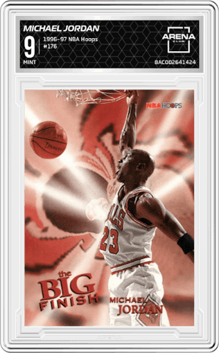 Michael Jordan from the 1996-97 NBA Hoops set graded by Arena Club and given an overall grade of 9.