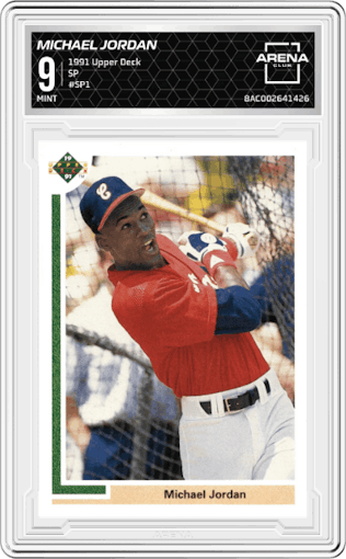 Michael Jordan from the 1991 Upper Deck set graded by Arena Club and given an overall grade of 9.