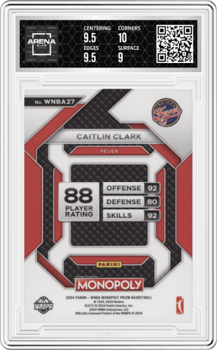 Caitlin Clark from the 2024 Panini Prizm Monopoly WNBA set graded by Arena Club and given an overall grade of 9.5.