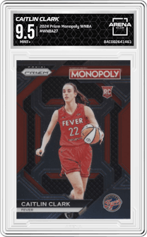 Caitlin Clark from the 2024 Panini Prizm Monopoly WNBA set graded by Arena Club and given an overall grade of 9.5.