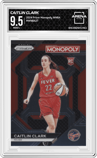 Caitlin Clark from the 2024 Panini Prizm Monopoly WNBA set graded by Arena Club and given an overall grade of 9.5.