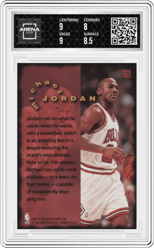 Michael Jordan from the 1995-96 Fleer set graded by Arena Club and given an overall grade of 8.5.