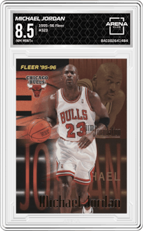 Michael Jordan from the 1995-96 Fleer set graded by Arena Club and given an overall grade of 8.5.