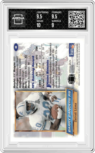 Barry Sanders from the 1994 Topps Finest set graded by Arena Club and given an overall grade of 9.5.