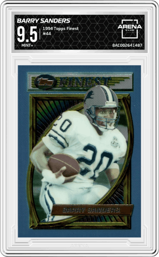 Barry Sanders from the 1994 Topps Finest set graded by Arena Club and given an overall grade of 9.5.