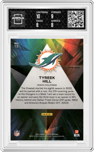 Tyreek Hill from the 2023 Panini Prizm set featuring a Green Wave parallel graded by Arena Club and given an overall grade of 8.5.