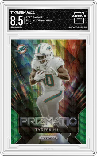 Tyreek Hill from the 2023 Panini Prizm set featuring a Green Wave parallel graded by Arena Club and given an overall grade of 8.5.