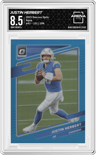 Justin Herbert from the 2021 Panini Donruss Optic set featuring a Aqua  parallel graded by Arena Club and given an overall grade of 8.5.