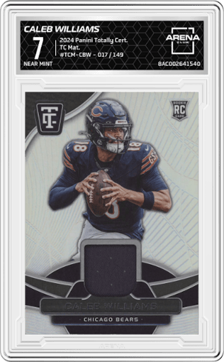 Caleb Williams  from the 2024 Panini Totally Certified set graded by Arena Club and given an overall grade of 7.