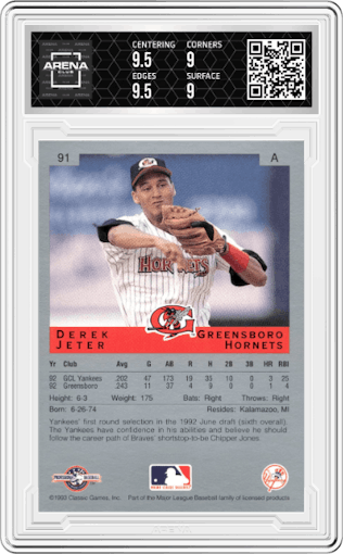 Derek Jeter from the 1993 Classic Best set graded by Arena Club and given an overall grade of 9.5.