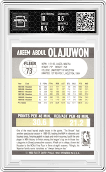 Akeem Olajuwon from the 1990-91 Fleer set graded by Arena Club and given an overall grade of 9.