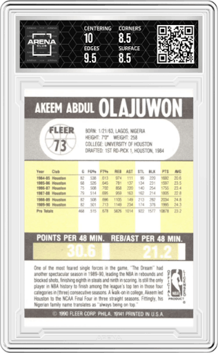 Akeem Olajuwon from the 1990-91 Fleer set graded by Arena Club and given an overall grade of 9.