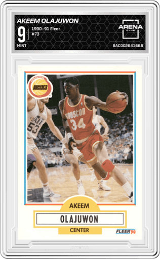 Akeem Olajuwon from the 1990-91 Fleer set graded by Arena Club and given an overall grade of 9.