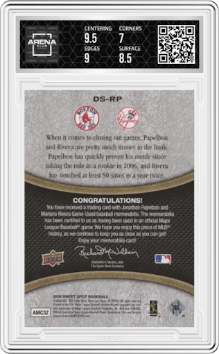 Jonathan Papelbon/Mariano Rivera from the 2008 Upper Deck Sweet Spot set graded by Arena Club and given an overall grade of 7.5.