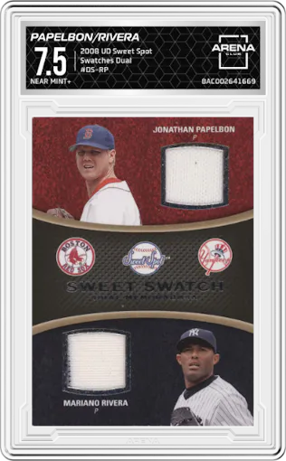 Jonathan Papelbon/Mariano Rivera from the 2008 Upper Deck Sweet Spot set graded by Arena Club and given an overall grade of 7.5.