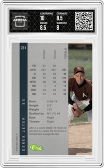 Derek Jeter from the 1992 Classic Four Sport set graded by Arena Club and given an overall grade of 8.5.