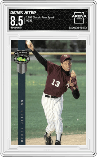 Derek Jeter from the 1992 Classic Four Sport set graded by Arena Club and given an overall grade of 8.5.