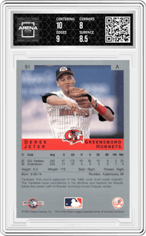 Derek Jeter from the 1993 Classic Best set graded by Arena Club and given an overall grade of 8.5.