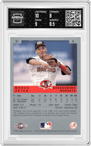 Derek Jeter from the 1993 Classic Best set graded by Arena Club and given an overall grade of 8.5.