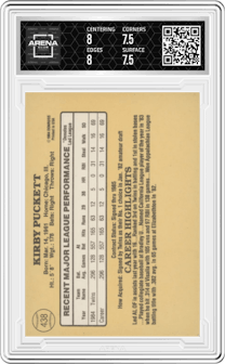 Kirby Puckett from the 1985 Donruss set graded by Arena Club and given an overall grade of 8.