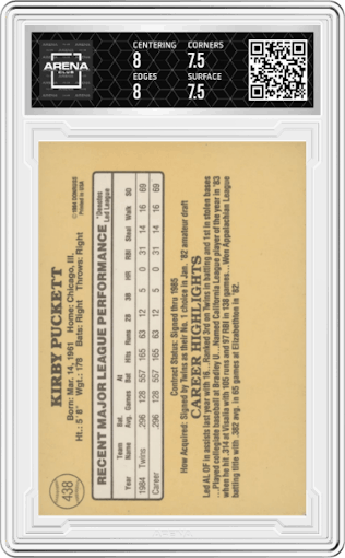 Kirby Puckett from the 1985 Donruss set graded by Arena Club and given an overall grade of 8.