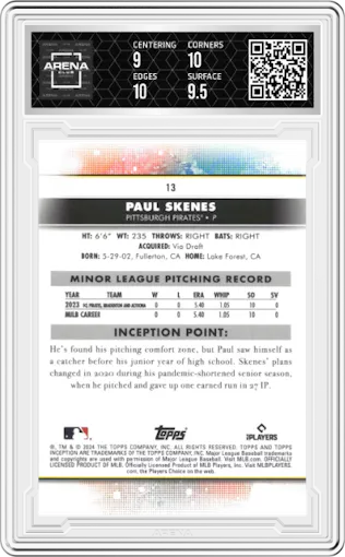 Paul Skenes from the 2024 Topps Inception set graded by Arena Club and given an overall grade of 9.5.