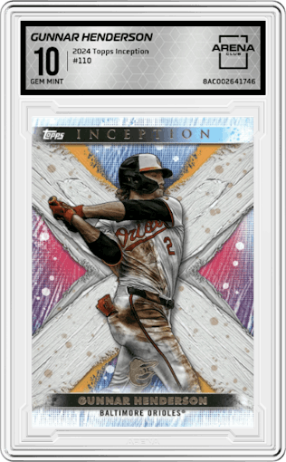 Gunnar Henderson from the 2024 Topps Inception set graded by Arena Club and given an overall grade of 10.