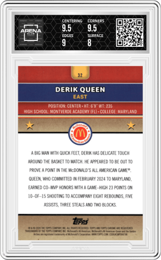 Derik Queen from the 2024 Topps Chrome McDonald's All-American set featuring a McFlurry Refractor parallel graded by Arena Club and given an overall grade of 8.5.